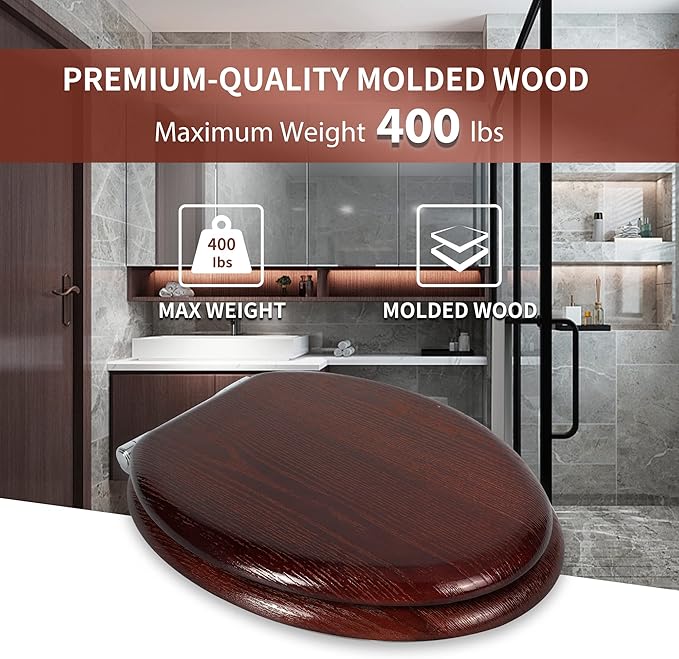 Angel Shield Toilet Seat Round Wood Slow Close(Dark Walnut) | Quick Release Metal Hinges, Adjustable Fit for Standard Round Toilets, Easy to Install&Clean