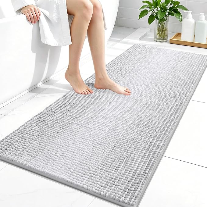 OLANLY Bathroom Runner Rugs 44x24, Chenille Striped Bath Rugs, Light Grey | Extra Soft Absorbent, Rubber Backing, Machine Wash Dry, Bath Mats for Bathroom Floor, Tub and Shower, Home Decor Accessories