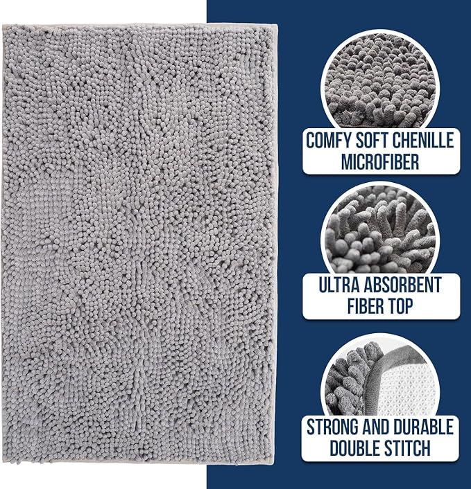 Muddy Mat® | Chenille Bathroom Rugs Quick Dry Microfiber Mats Non Slip Washable, Extra Thick, Soft and Highly Absorbent Bath Mats for Bathroom, Kitchen, and Shower Floor - Grey 36"x60"