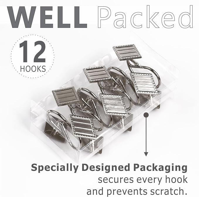 Brushed Nickel Shower Curtain Hooks: 12PCS Geometric Bathroom Curtain Ring | Elegant Silver Rust Proof Metal Diamond Shower Hooks, Stylish Decorative Curtain Rod Hangers for Modern Bathroom Decor