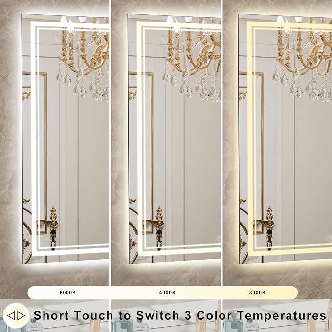 48''x36'' Lighted Mirrors for Bathroom Wall Backlit + Front Lit, Rectangular LED Bathroom Mirror Frameless with Lights Anti Fog, Dimmable, 3 Colors,Tempered Glass, Shatter-Proof (Color 1