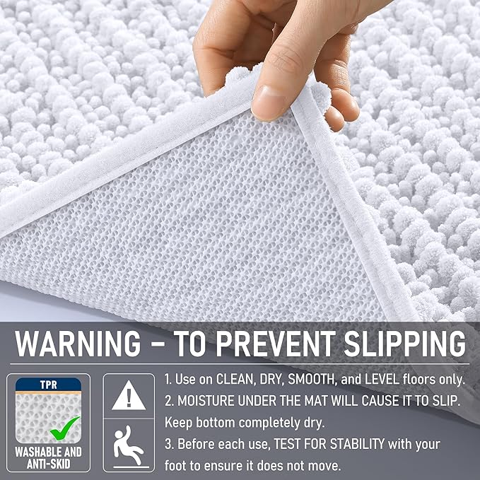 OLANLY Bathroom Runner Rugs 47x17, Thick Soft Absorbent Chenille Bath Rugs | White, Quick-Drying Rubber Backing, Long Shaggy Bath Mat, Machine Washable for Floor, Tub and Shower, Home Decor Accessories