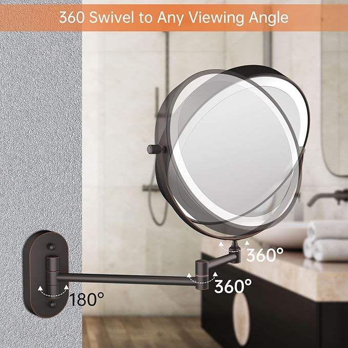 5000mAh Rechargeable Wall Mounted Lighted Makeup Mirror Double Sided 1X30X | Magnifying Bathroom Mirror, 3 Color Lighting, Touch Dimming, Extended Arm 360 Rotation Light up Mirror Antique Bronze