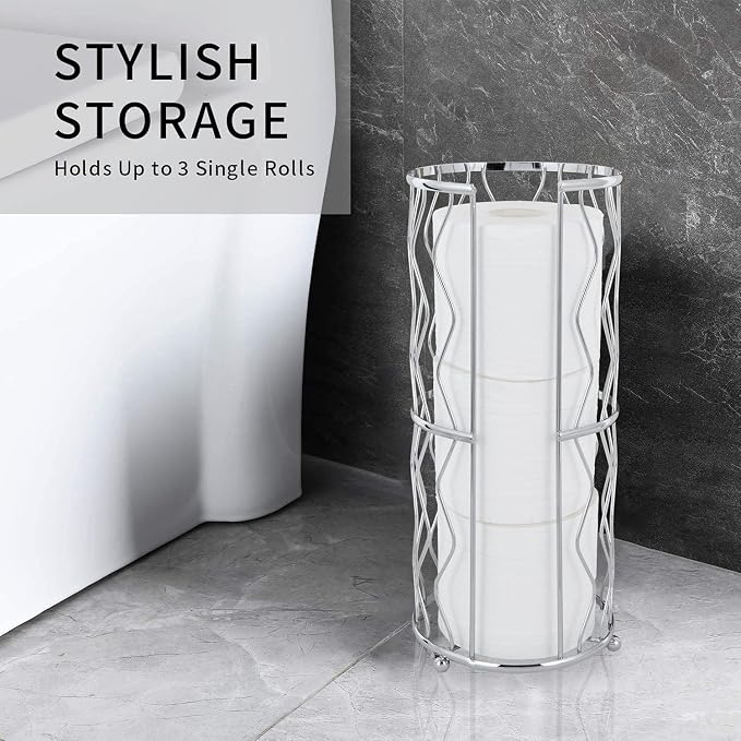 Decorative Metal Standing Toilet Tissue Holder for Bathroom/Powder Room, Compact Tissue Reserve for 3 Jumbo Rolls of Extra Toilet Paper Chrome