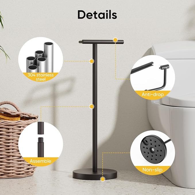 Matte Black Freestanding Toilet Paper Holder Stand Free Standing | SUS 304 Stainless Steel Tissue Rack with Pivoting Arm & Weighted Base for Bathroom