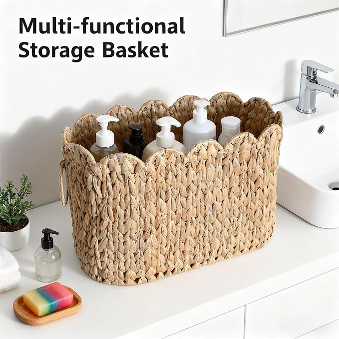 Narrow Wicker Toilet Paper Holder Basket with Lid, Scalloped Wicker Storage Basket with Lid,Woven Curve Basket,Rattan Bathroom Organizers and Storage Baskets- Holds Up to 9 Mega Rolls