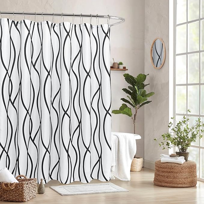 Biscaynebay Textured Fabric Shower Curtain 72 Inches by 72 Inches, Black Printed Striped Linen Modern Hotel Luxury Quality Cloth Bathroom Curtains Machine Washable