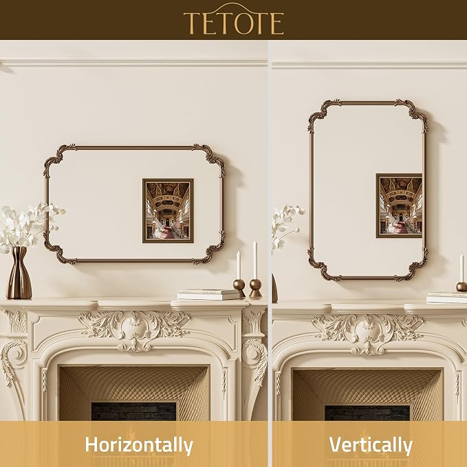 Antique Gold Brass Rectangle Mirror for Mantle Fireplace 24 x 36 Baroque Vintage Ornate Scroll Wall Mirror with Metal Frame for Traditional Victorian French Decor, Horizontal/Vertical