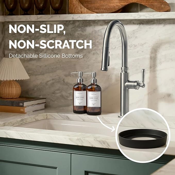 Vine Creations Amber Glass Soap Dispenser, 2 Pack Kitchen Soap Dispenser Set with Stainless Steel Pump, 16 oz Hand Soap or Dish Soap for Bathroom or Kitchen with Waterproof Labels