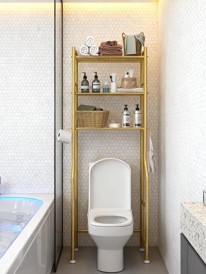 3-Tier Over Toilet Storage, Anti-Tilt, 64" H, Gold | Carbon Steel, 60lb Capacity, 26"L x 8.6"W x 64"H, Freestanding, 4 Hooks, No Drilling