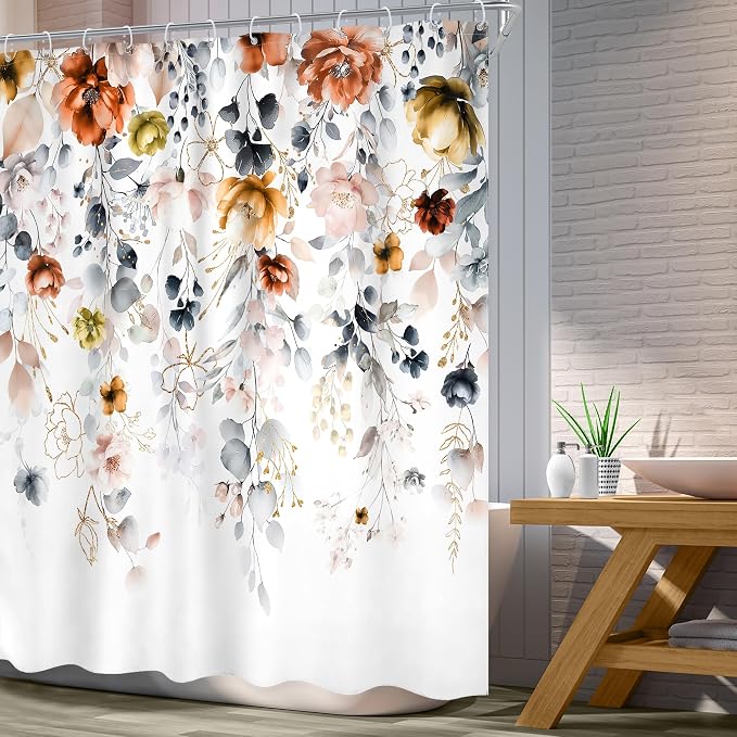 Yellow Orange Floral Pastel Watercolor Rustic Bathroom Shower Curtain Set | 60"W x 72"L Flower Eucalyptus design with waterproof HD artwork, quick-dry fabric and hooks for easy hanging.
