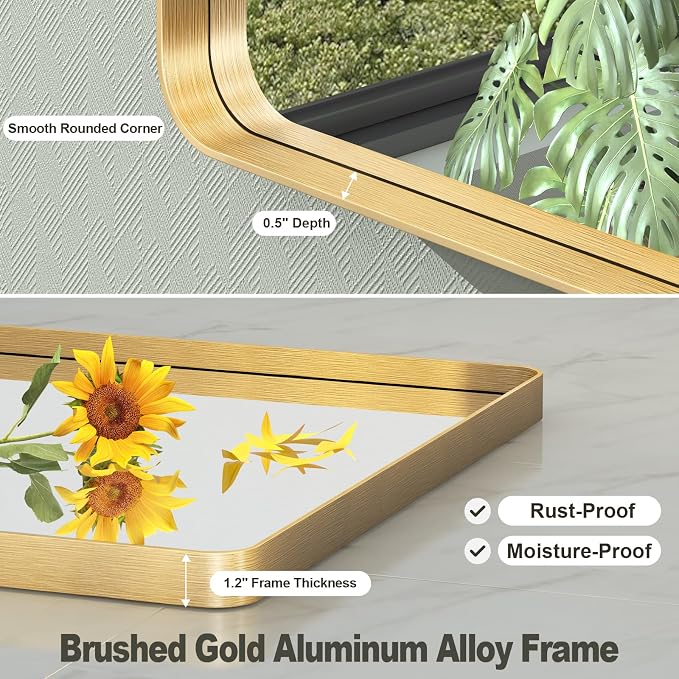 60x36 Inch Gold Framed Bathroom Mirror | Brushed Gold Metal Frame, Rounded Rectangle Gold Mirror, Anti-Rust, Tempered Glass, Hangs Horizontally or Vertically