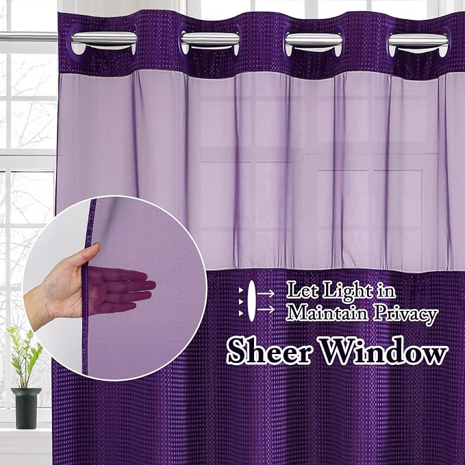 No Hook Cloth Purple Shower Curtain with Liner, 72x80 | Snap-in Fabric Liner, Hotel Style with Mesh Top Window, Waterproof Coating, Machine Washable, Rustproof Grommets