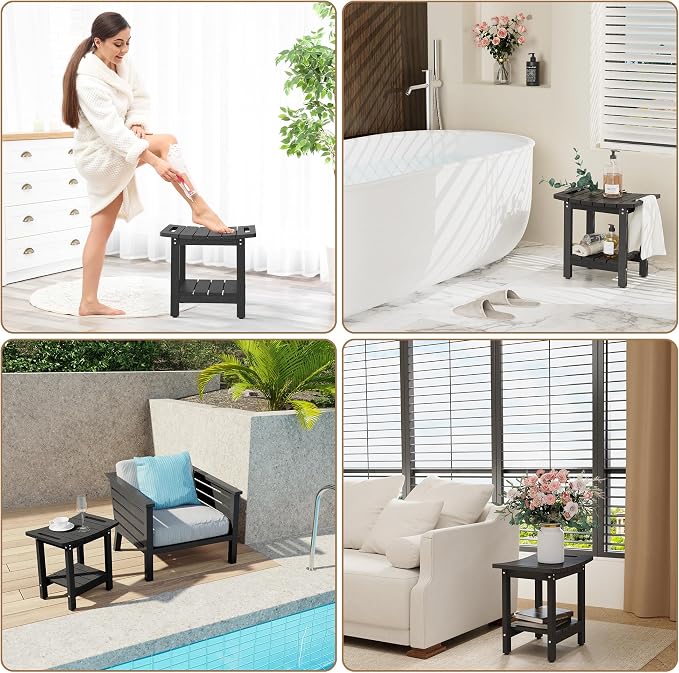 HIPS Shower Benches for Inside Shower, Shower Stool with Space-Efficient Storage Shelf, Waterproof Shower Chair Seat for Spa Bathroom(Black)