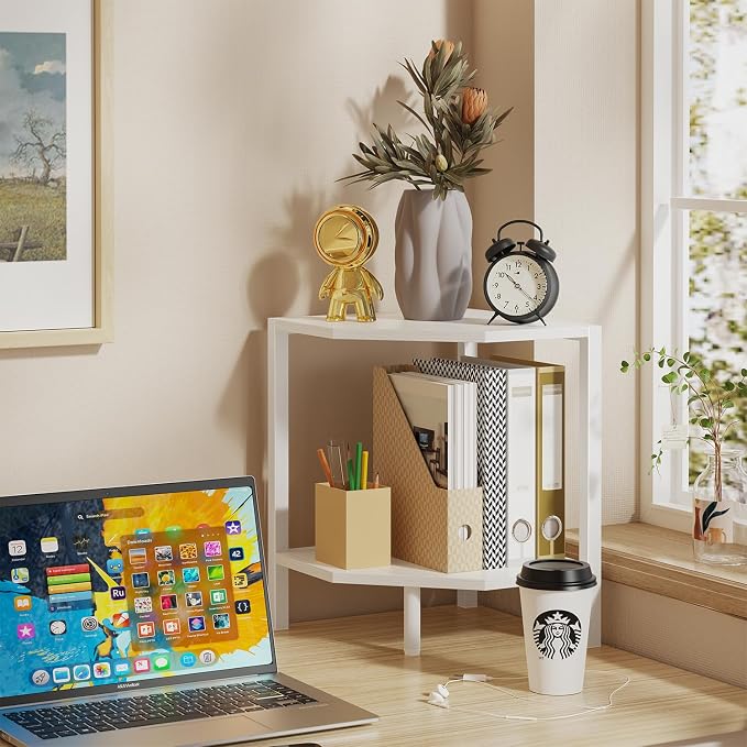 Creso hom Corner Shelf Stand, 2 Tier Industrial Corner Bookshelf | Multipurpose Standing Corner Display Shelf Countertop Organizer for Living Room Kitchen Bedroom Office, White