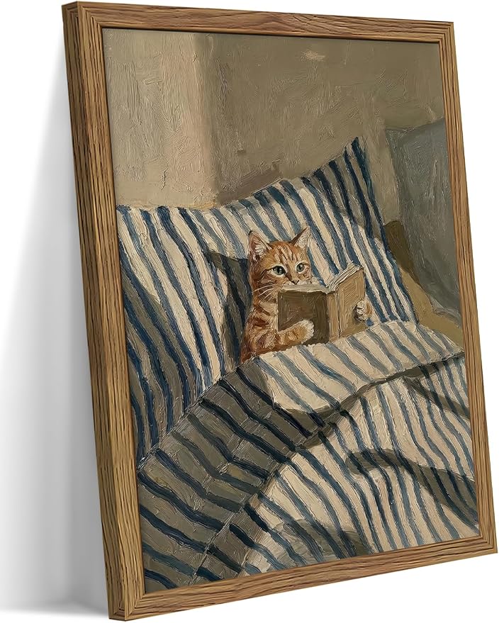 Framed Cat Wall Art, Funny Orange Cat Reading Book Canvas Wall Decor Painting, Vintage Cute Animal Artwork Poster Prints Picture for Bedroom Living Room Library 12x16 Inch