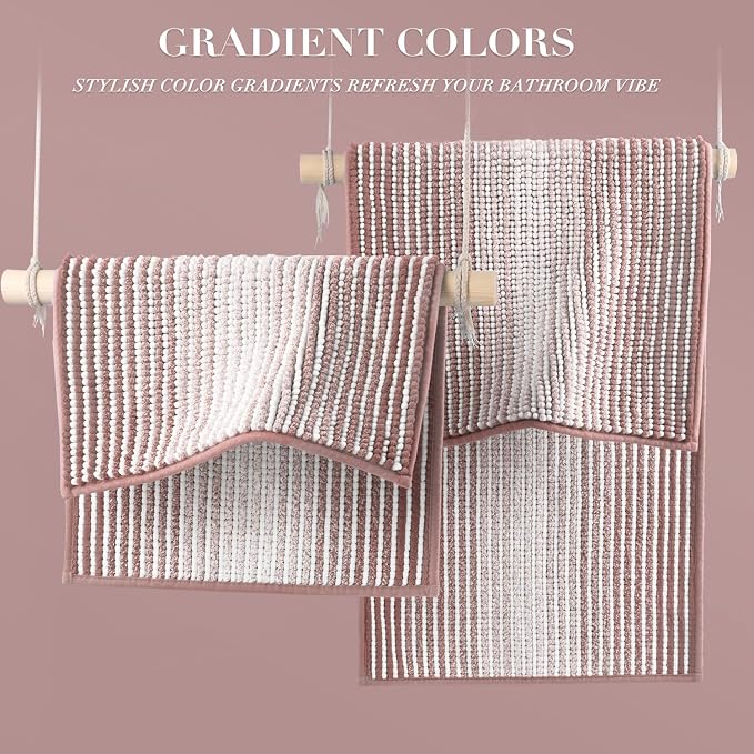 Bathroom Rugs and Mats Sets, 2 Piece Thick Absorbent Chenille Bath Mat Rug Set Non Slip, Soft Shaggy Bath Room Floor Mats for Bathroom, Machine Washable (20" x 47" Plus 16" x 24",Mist Pink)
