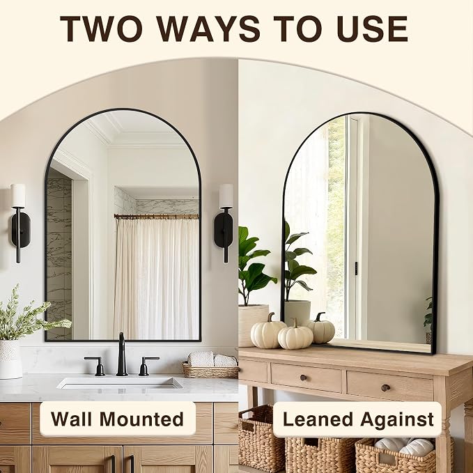 Arched Bathroom Vanity Mirror for Over Sink, 2 Pack 36”x24”, Black | HD Tempered Glass, Anti-Rust Metal Frame, Hanging or Leaning, Wall Mirrors for Bathroom Sink, Bedroom, Living Room, Entryway