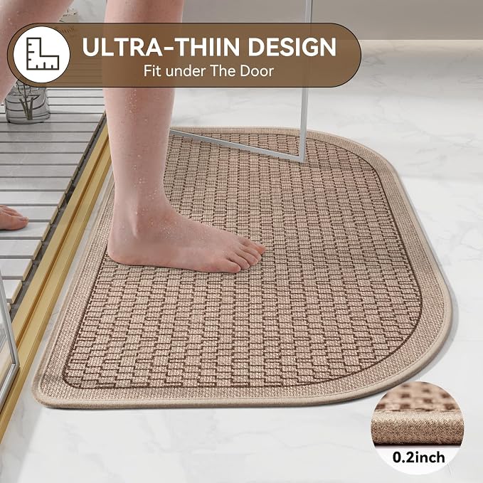Half Circle Bath Mat, Thin Bathroom Rugs Fit Under Door, Brown 16x24 | Non Slip, Quick Dry Absorbent, Rubber Backing Washable, Semi Circle Bathmat for Bathroom Floor, Tub and Shower, Home Decor