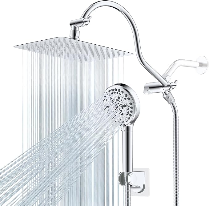 Hibbent All Metal CUPC Certified Shower Head, 10'' High Pressure Rainfall Shower Head, Handheld Showerhead Combo, 12'' Adjustable Extension Arm, 10 Sprays, 71'' Shower Hose, Showerhead Holder, Chrome