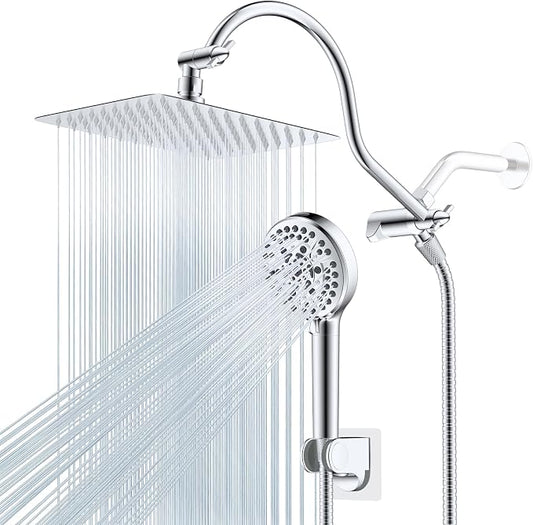Hibbent All Metal CUPC Certified Shower Head, 10'' High Pressure Rainfall Shower Head, Handheld Showerhead Combo, 12'' Adjustable Extension Arm, 10 Sprays, 71'' Shower Hose, Showerhead Holder, Chrome