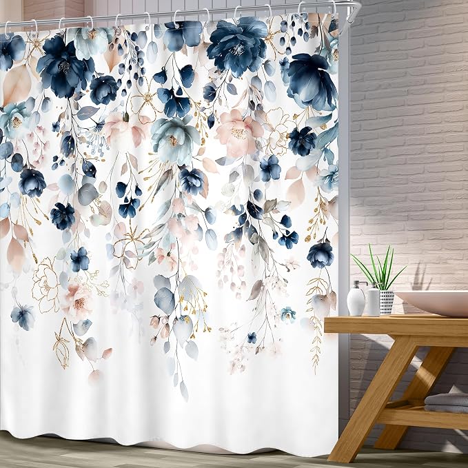 Blue Pink Floral Extra Long Rustic Bathroom Shower Curtain Set | 72"W x 84"L Boho Wildflower style, clear shower print, fast-dry fabric and hooks for a simple bath update.