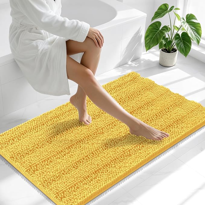 Smiry Thick Chenille Bathroom Runner Rugs 47x17, Absorbent Bath Mat, Yellow | Quick‑Dry & Machine Washable, Non‑Slip Bath Carpet, Soft Striped Bath Rugs for Tub & Shower, Modern Home Decor Accessories