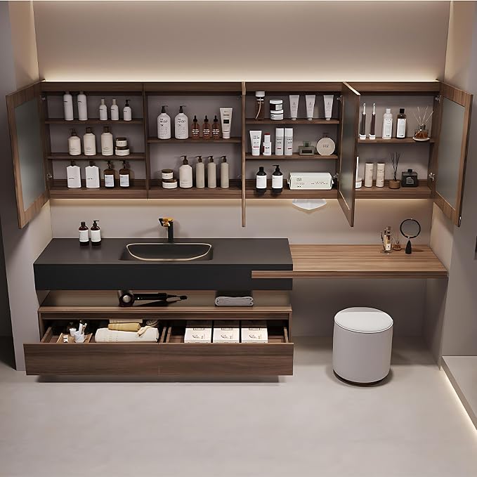 68 in Bathroom Vanity with Sink - Modern Floating Solid Wood Bathroom Sink Cabinet, Smart LED Mirror Cabinet, Durable Sintered Stone Countertop, Large Soft-Close Drawers, Includes a Stool