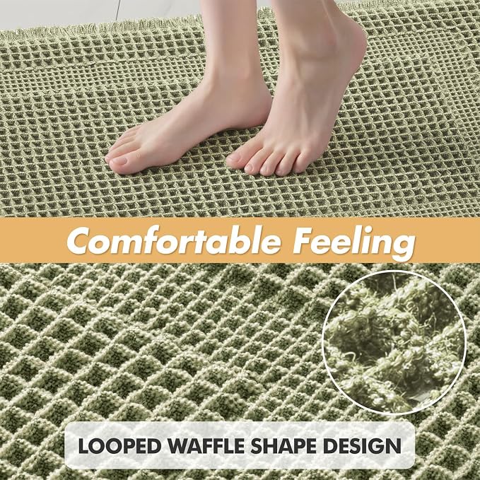 MIULEE Set of 2 Waffle Bathroom Rugs Sage Green Boho Bath Mat 18x30 in | Looped Design, Super Absorbent, Non Slip, Washable, Ultra Soft, Rubber Backed, Bathroom Mats for Floor Tub Shower