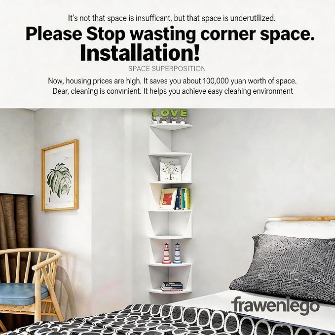 7-Tier Corner Shelf Wall Mount, Screw-Mounted Floating Bookshelf with Enhanced Support, Space-Saving Zigzag Shelf for Bedroom, Living Room, Office, Garage – (White)