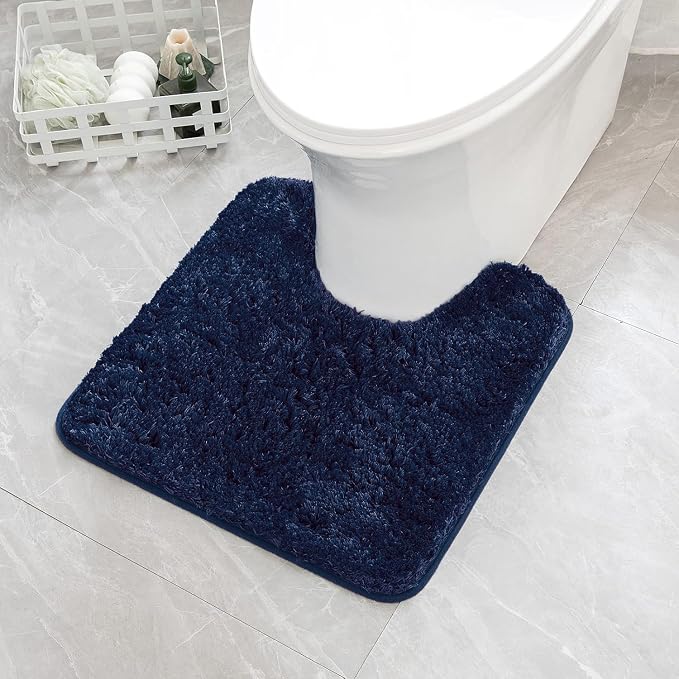 MIULEE Navy Blue Toilet Bathroom Rug U-Shaped Microfiber Bath Mat 20x20 in | Absorbent, Non Slip, Quick Dry, Fluffy Bath Rugs for Bathroom Floor Tub Showers, Machine Washable