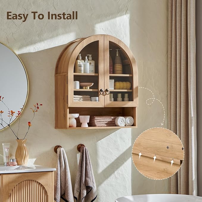 IFGET Bathroom Arched Wall Cabinet, 23.6'' Wide Medicine Cabinet with Adjustable Shelves & Glass Doors, Over The Toilet Storage Wall Mount Cabinet for Laundry Room, Kitchen & Living Room, Natural Oak