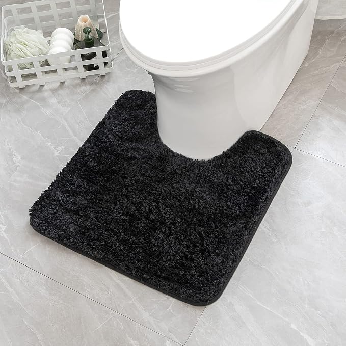 MIULEE Black Toilet Bathroom Rug U-Shaped Microfiber Bath Mat 24x24 Inch | Absorbent, Non Slip, Quick Dry, Fluffy Bath Rugs for Bathroom Floor Tub Showers, Machine Washable