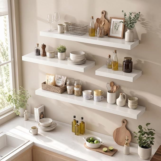 12 Inch Deep Floating Shelves for Wall, 24 Inch Wide Wall Shelves Set of 2, 2 Inch Thick Heavy Duty Invisible Wall Mounted Shelves for Kitchen Living Room,White