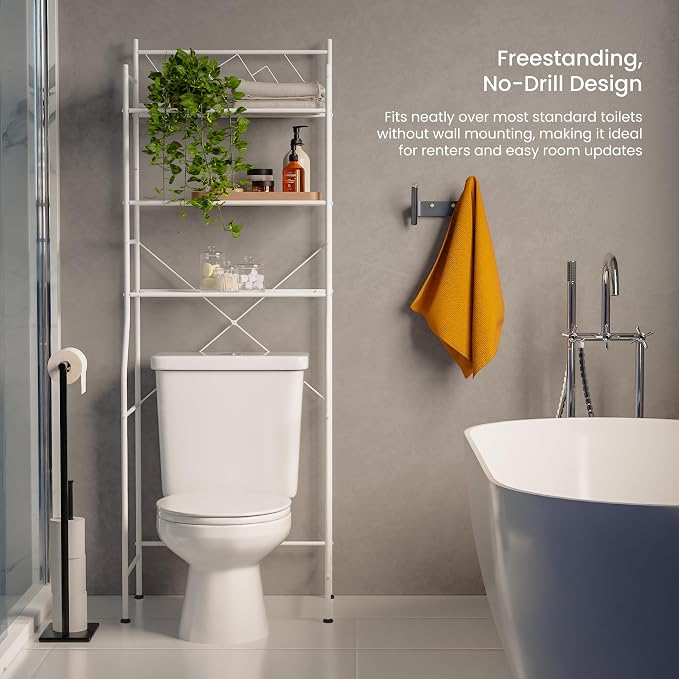 Home Zone Living Over-the-Toilet Bathroom Storage Cabinet Organizer | Freestanding Steel Frame Design with 3-Tier Shelves, Wide Stabilizing Base and Adjustable Feet, White