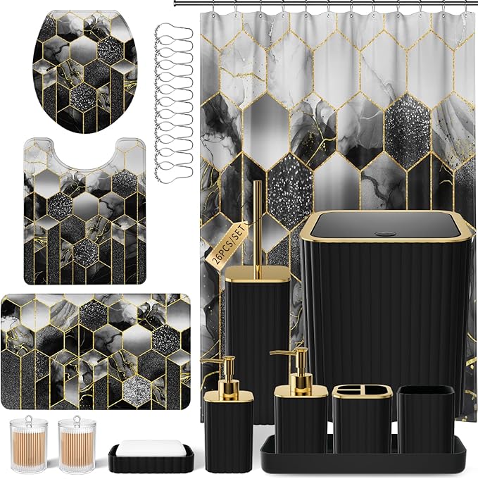 XLHOMO Bathroom Set - 26PC Bathroom Set with Shower Curtain and Rugs, Bathroom Accessory Set, Black Bathroom Accessories Set, Trash Can & Soap Dispenser