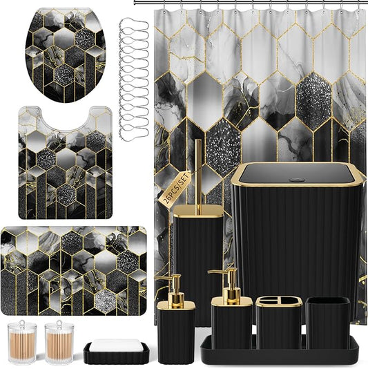 XLHOMO Bathroom Set - 26PC Bathroom Set with Shower Curtain and Rugs, Bathroom Accessory Set, Black Bathroom Accessories Set, Trash Can & Soap Dispenser