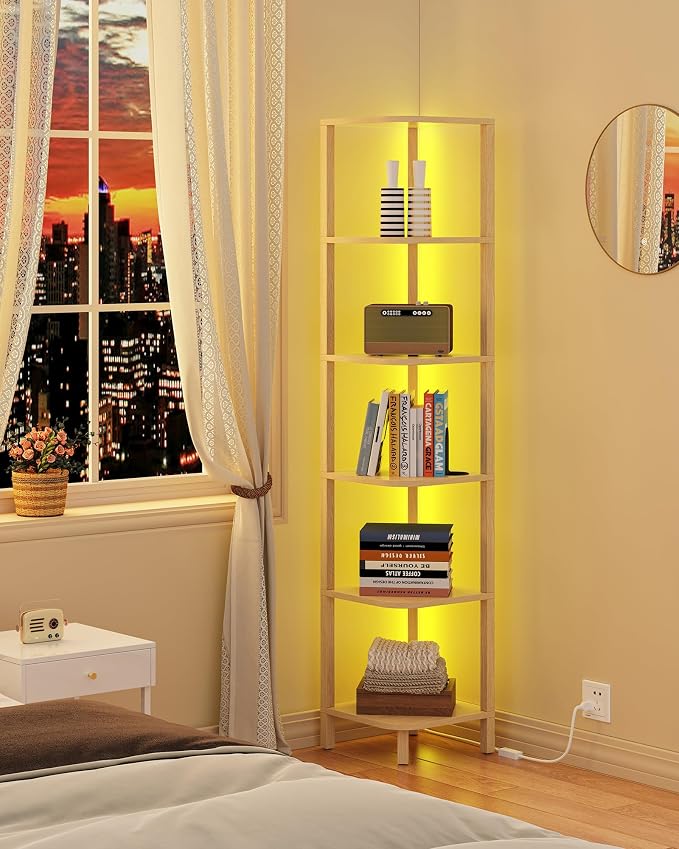 TUTOTAK Corner Shelf with LED Light, 6-Tier Corner Bookshelf | for Small Space, Narrow Display Corner Shelf Stand with Storage Rack, for Living Room, Bedroom, Natural BS08BN006L