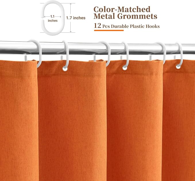 72x78 Boho Scalloped Linen Textured Cloth Shower Curtain, Burnt Orange | Long Size, 230GSM Waterproof Polyester, Heavy Duty Fabric, 12 Plastic Hooks, Elegant Modern Farmhouse Style, Machine Washable