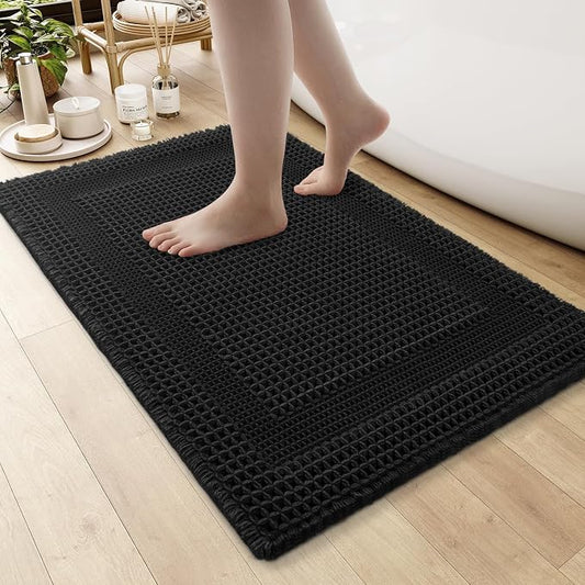 AMOAMI Waffle Bath-Mat, Absorbent Bath Mats for Bathroom Non Slip, Machine Washable Bathroom Rugs with Tassels Ultra Soft Boho Bath Rugs for Floor 17''x24'' Black
