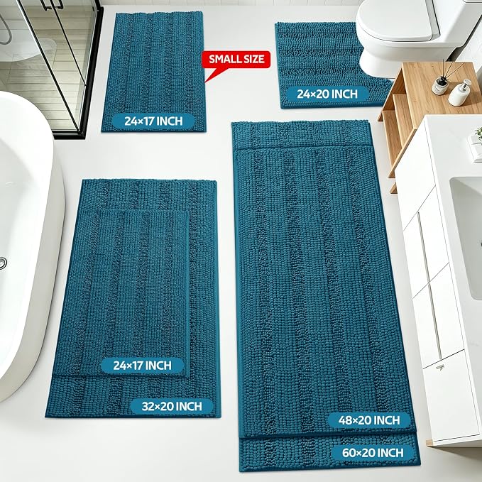 Comfydew Striped Teal Blue Bathroom Rug Set 3 Pieces Ultra Soft, Non Slip Chenille Toilet Mat, Absorbent Plush Shaggy Bath Mats for Bathroom, Bedroom, Kitchen