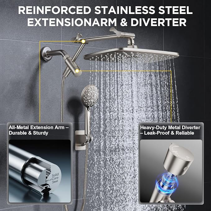 Veken Starlight 11.8" High Pressure Shower Head with Handheld, Easy Install | Handheld Shower with Multi Spray Modes, Rainfall Combo with 15" Metal Extension Arm, Detachable Dual Shower, Bathroom Decor