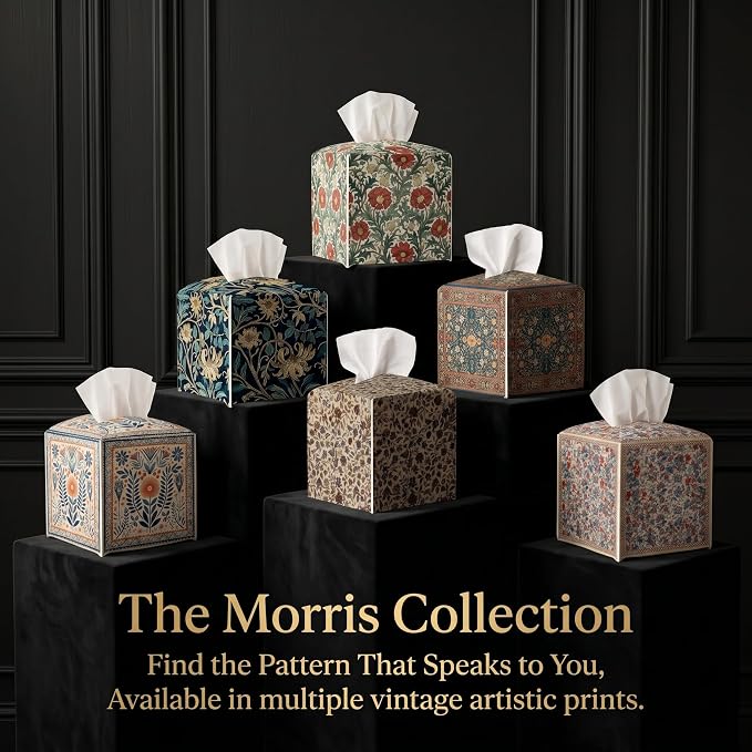 Tissue Box Cover Holder Square - Vintage Boho PU Leather Decorative Organizer, Ethnic Carpet Pattern Design Inspired, with Bottom Belt for Bathroom Car Office Tabletop Home, 5x5 Inch (Golden Flowers)