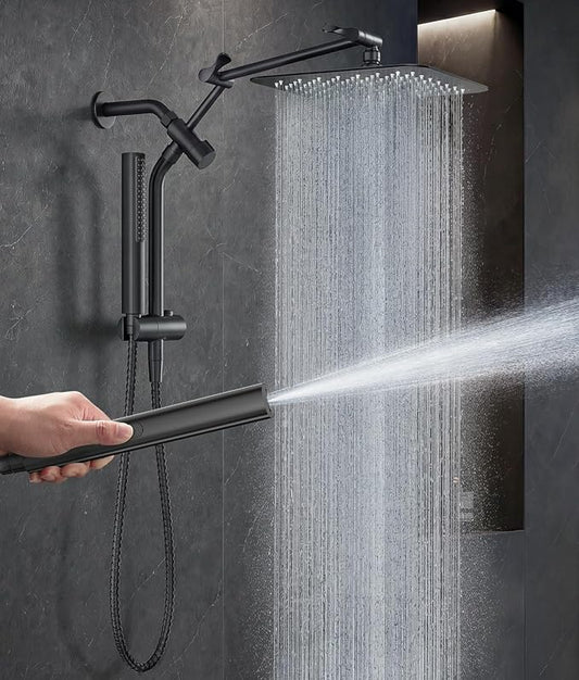 Veken All Metal 10" Luxurious Rain Shower Head with Handheld Spray,Square | Best Dual High Pressure Shower Heads Combo,Double Detachable Showerhead, Adjustable Rainfall,Bathroom Accessories,Matte Black