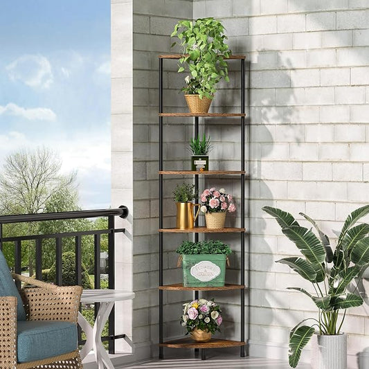 6 Tier Corner Plant Stand Shelf, 54.4", Rustic Brown | Metal Frame, Bathroom Kitchen Shelf Organizer Storage, Small Corner Shelf for Bedroom Living Room Decor Accessories