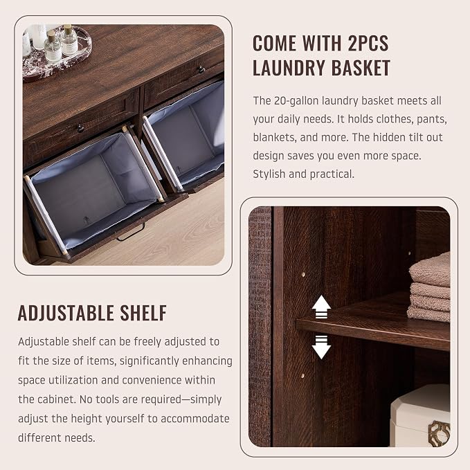 IFBUY Triple Tilt Out Laundry Hamper Cabinet, Trash Cabinet, Brown | 20 Gallon Farmhouse Trash Can Cabinet w/Drawers & Adjustable Shelf, Hidden Garbage Can Cabinets w/Laundry Basket for Bathroom