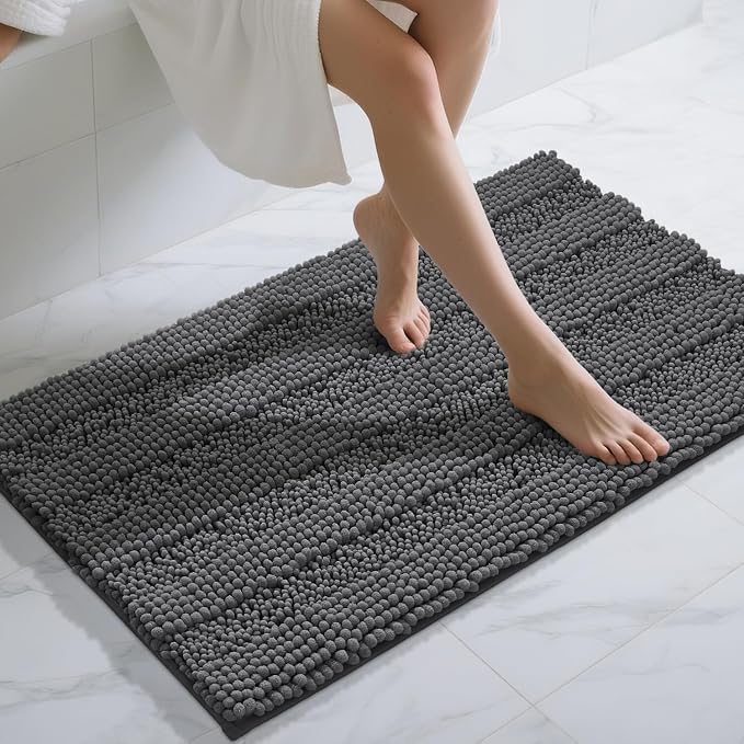 Yimobra Bathroom Rug Mat 44 x 24, Non Slip and Super Absorbent Bath Mat,Machine Washable Quick Dry,Ultra Plush Chenille Shower Rugs for Bathroom Floor Sink Tub and Shower Outside,Dark Gray