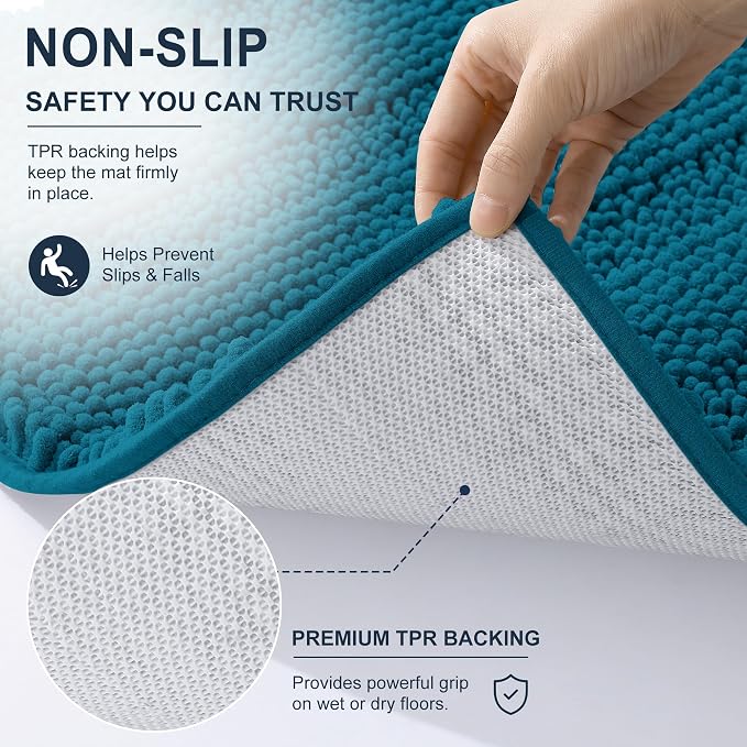 Smiry Thick Chenille Bathroom Runner Rugs 47x17, Bath Mat, Peacock Blue | Quick‑Dry & Machine Washable, Non‑Slip Bath Carpet, Soft Striped Bath Rugs for Tub & Shower, Modern Home Decor Accessories