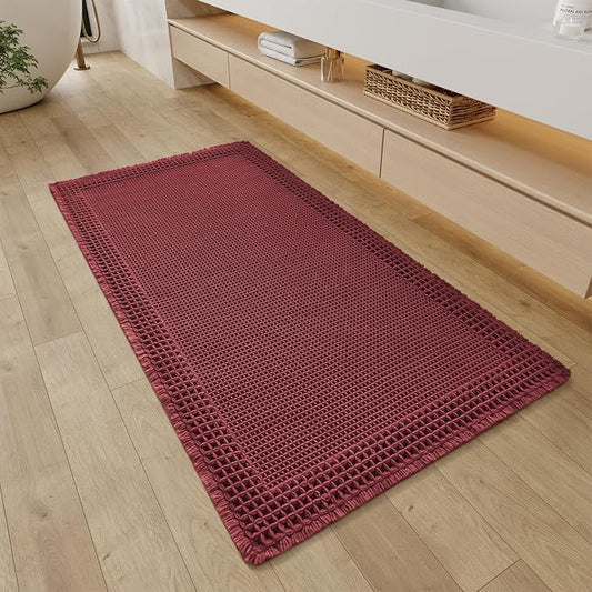 RESARE Waffle Bathroom Runner Rugs, Non Slip Boho Bath Mat 24"x48" Dark Red | Long Absorbent Bathroom Floor Mats Machine Washable Quick Dry, Soft Solid 2'x4' Bath Rugs with Tassels, Ideal Farmhouse Decor