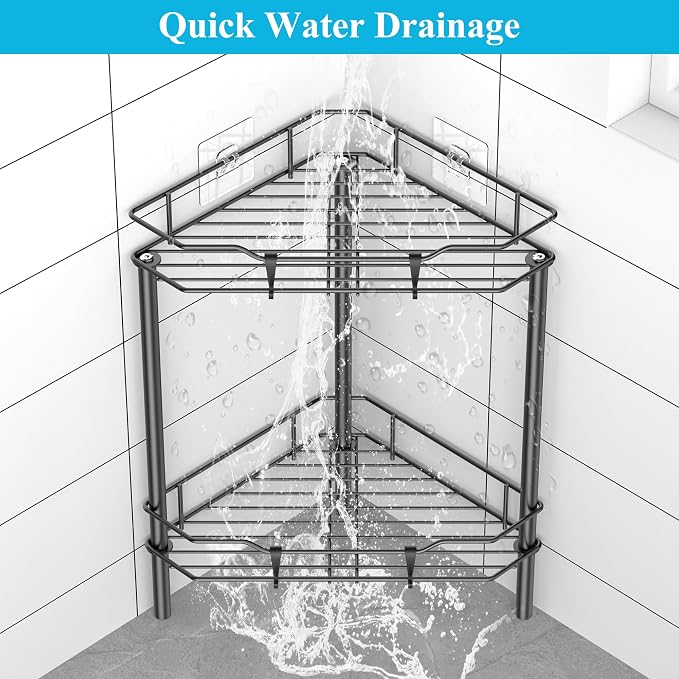 Metal Floor Standing Corner Shower Caddy, Matt Black, 2 Tier | Adhesive Bathroom Organizer Shelves, Free Standing Shower Rack with Hooks, Hold Large Shampoo Bottles